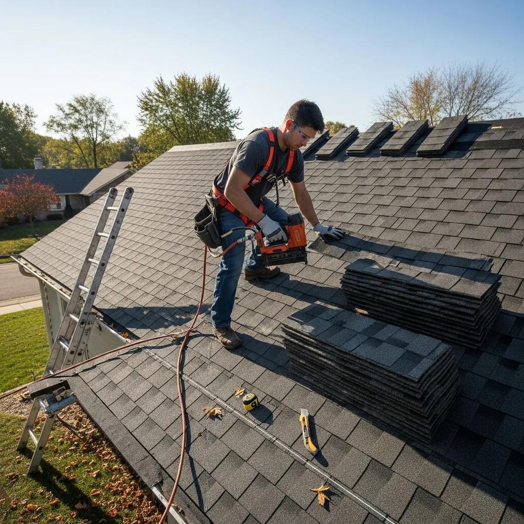 Professional roofer installing architectural shingles, demonstrating the installation process